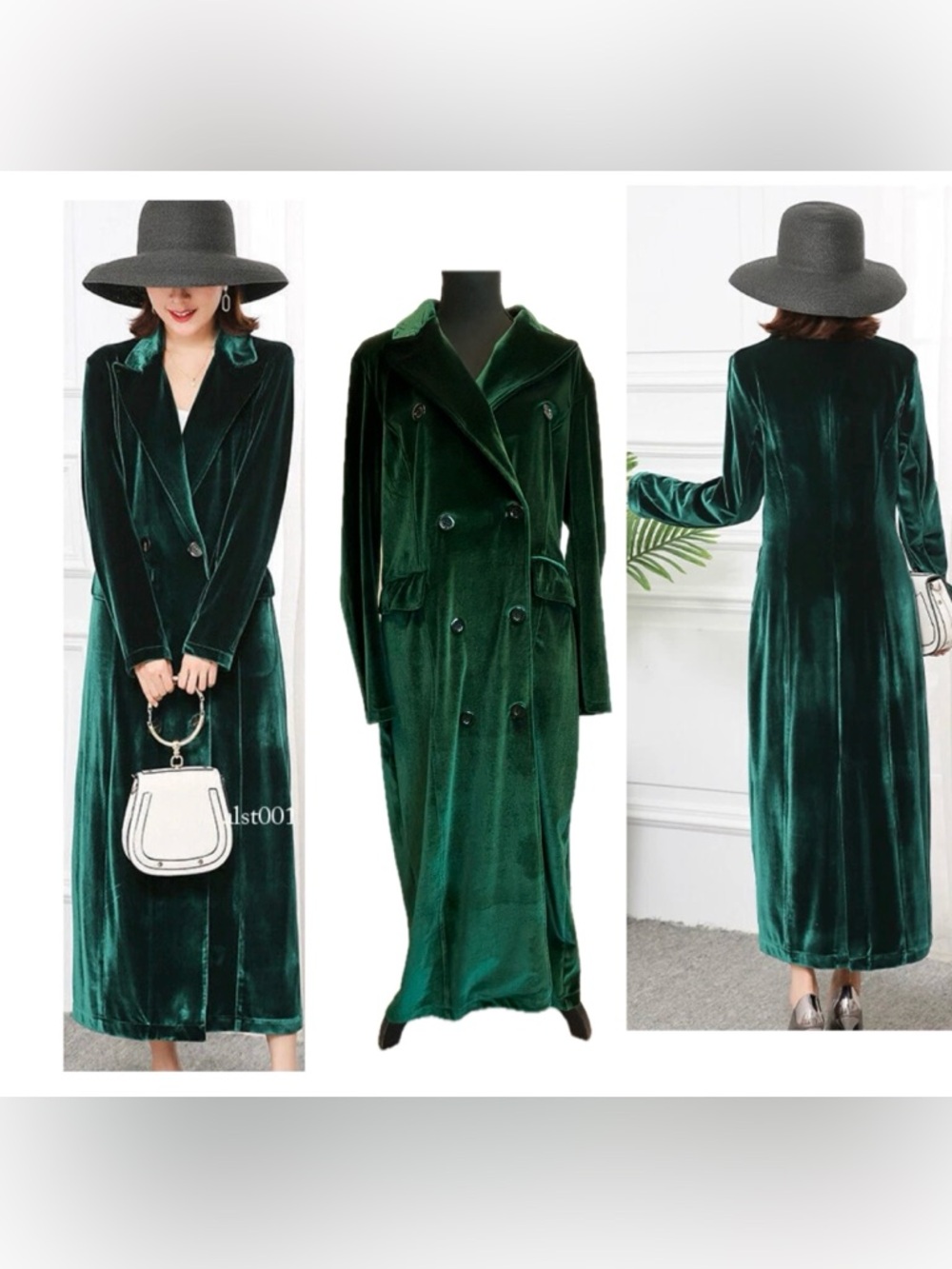 Kate Hewko Emerald Green Velvet Long Double-Breasted Maxi Dress Coat trenchcoat